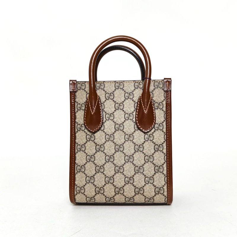 GUCCI GGRetro皮標帆布拼皮老花LOGO迷你托特包單肩斜挎包烏木色牛皮/PVC金扣肩背包-2