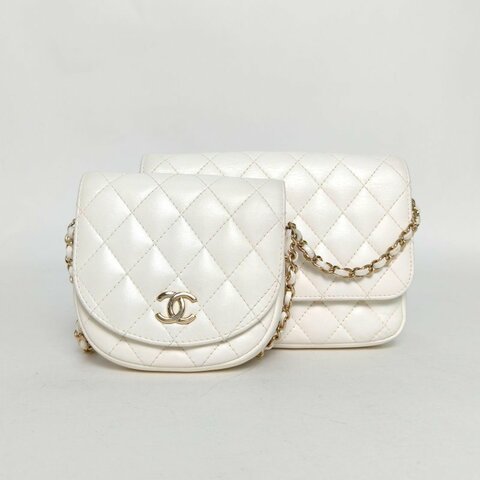 CHANEL 白色羊皮27開金扣雙子星二合一單肩包肩背包