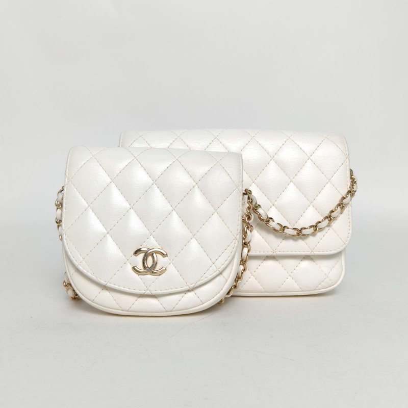 CHANEL 白色羊皮27開金扣雙子星二合一單肩包肩背包-0