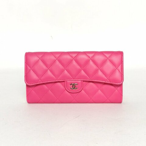 CHANEL CF長款三折口蓋錢包19.5粉色羊皮22開金扣肩背包