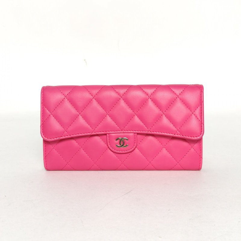 CHANEL CF長款三折口蓋錢包19.5粉色羊皮22開金扣肩背包-0