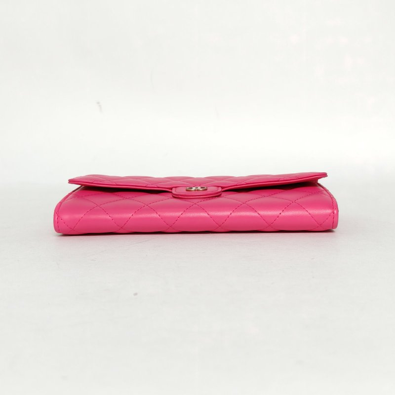 CHANEL CF長款三折口蓋錢包19.5粉色羊皮22開金扣肩背包-4