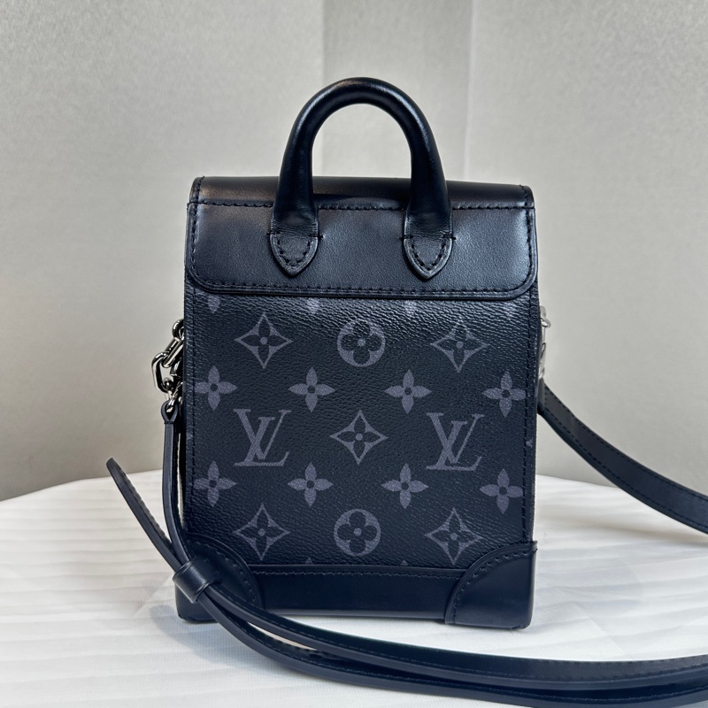99新 路易威登/Louis Vuitton Nano Steamer 銀扣手提斜背包 monogram eclipse塗層帆布15x7x18cm-1