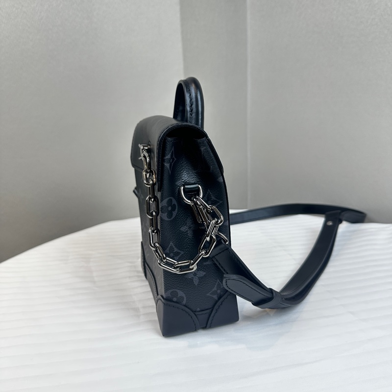 99新 路易威登/Louis Vuitton Nano Steamer 銀扣手提斜背包 monogram eclipse塗層帆布15x7x18cm-3