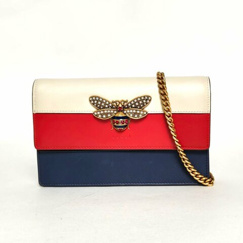 GUCCI QueenMargaret瑪格麗特皇后蜜蜂Woc拼色牛皮金扣肩背包