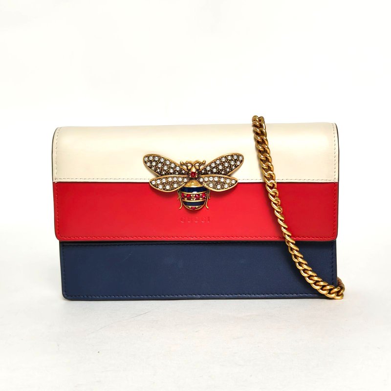 GUCCI QueenMargaret瑪格麗特皇后蜜蜂Woc拼色牛皮金扣肩背包-0