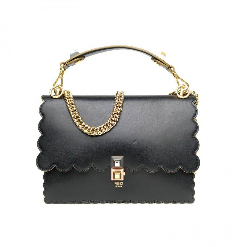 FENDI KANI中號花邊黑色牛皮金銀扣肩背包-0
