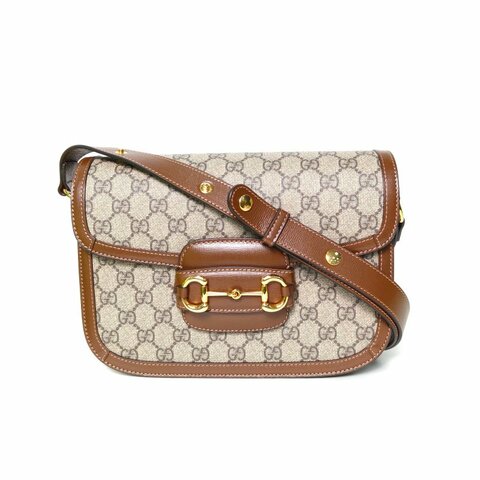 GUCCI Horsebit馬銜扣1955馬鞍包小號25棕色PVC金扣肩背包