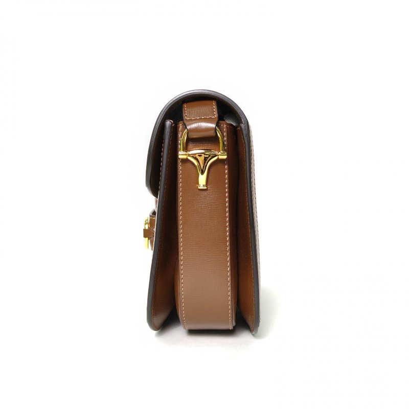 GUCCI Horsebit馬銜扣1955馬鞍包小號25棕色PVC金扣肩背包-1