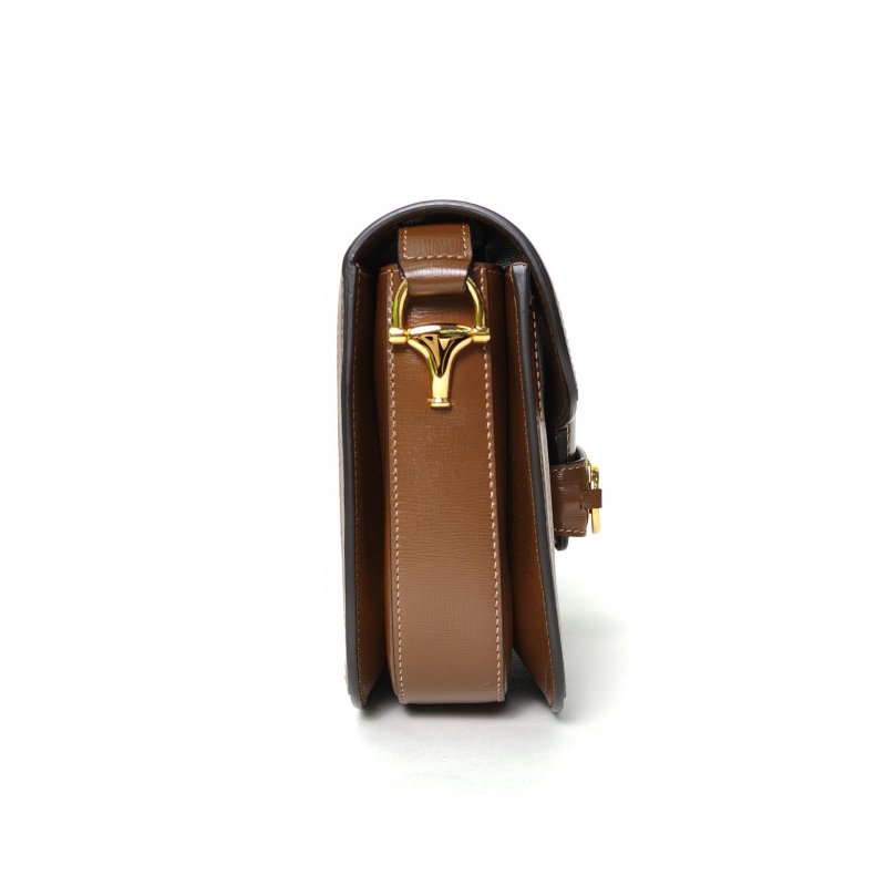 GUCCI Horsebit馬銜扣1955馬鞍包小號25棕色PVC金扣肩背包-3