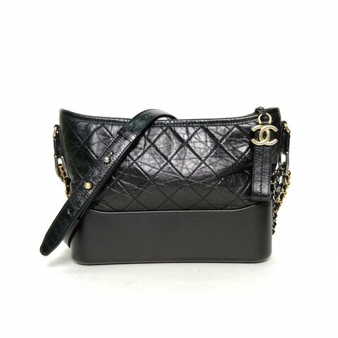 CHANEL GABRIELLE流浪新中號26黑色29開金銀扣牛皮寬LOGO手提肩背包