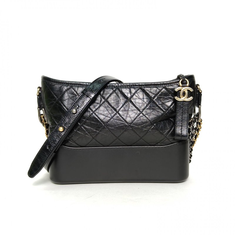 CHANEL GABRIELLE流浪新中號26黑色29開金銀扣牛皮寬LOGO手提肩背包-0