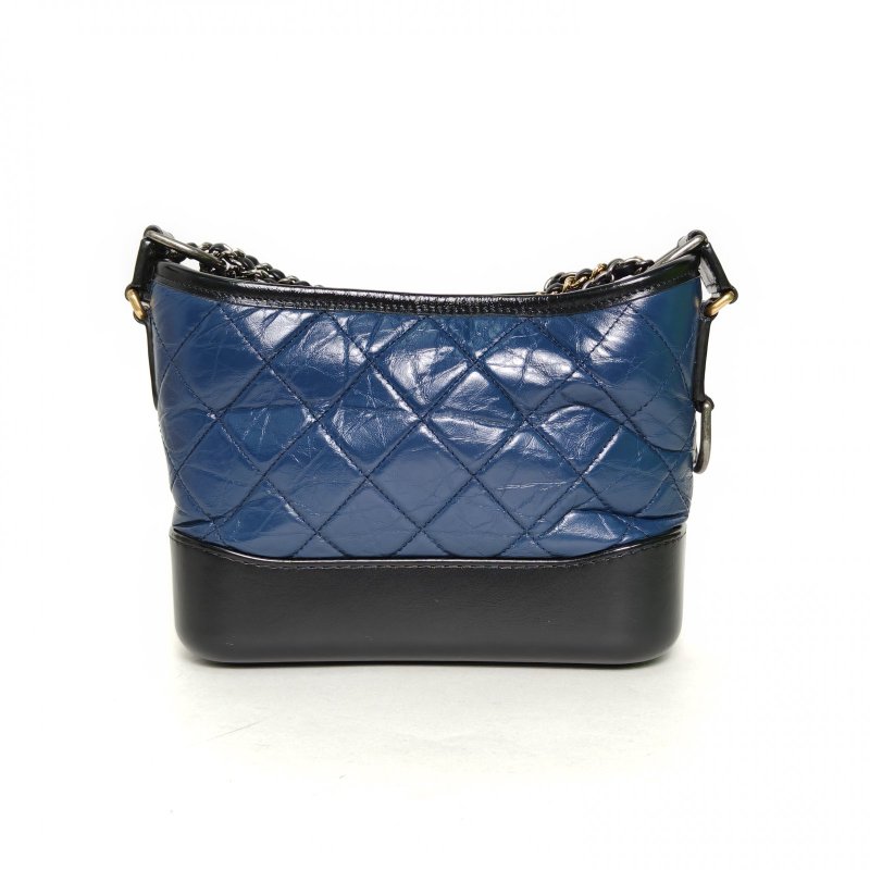 CHANEL GABRIELLE流浪小號20藍色牛皮26開金銀扣黑底肩背包-2