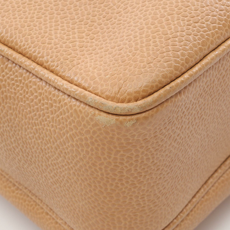 香奈兒 COCO 標誌肩背手提包，粒面小牛皮，米色，二手，女士，金色五金 CC-7