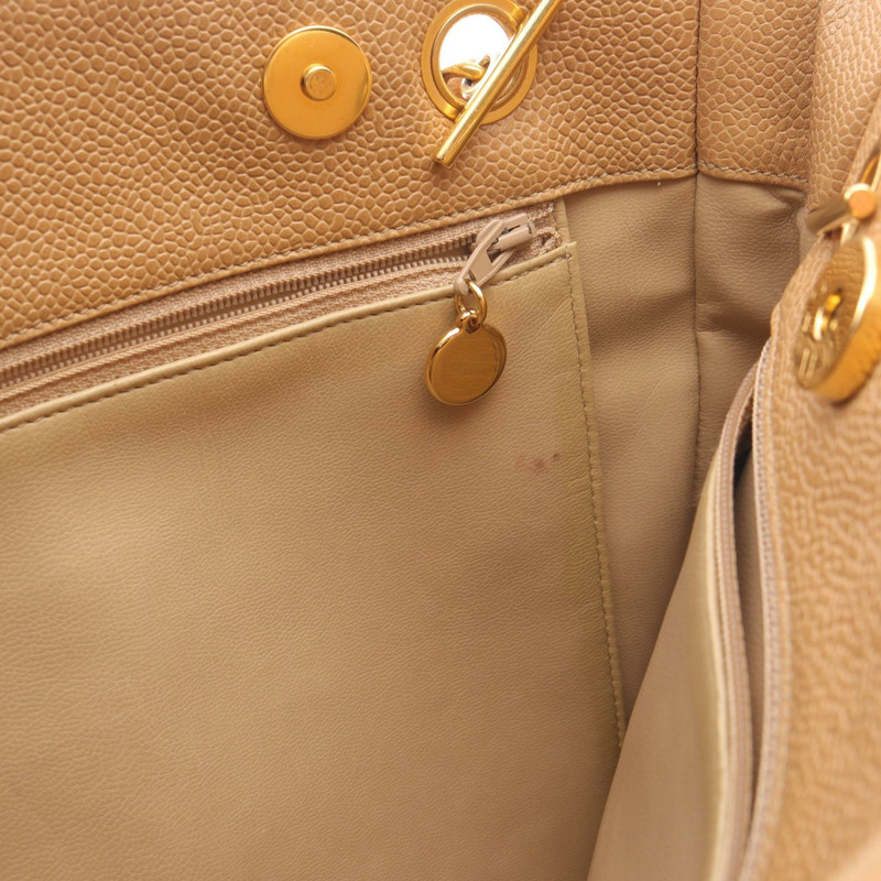 香奈兒 COCO 標誌肩背手提包，粒面小牛皮，米色，二手，女士，金色五金 CC-12