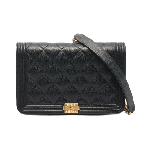 香奈兒 Boy Chanel 絎縫鏈條肩背斜背包 黑色皮革 金色五金 二手