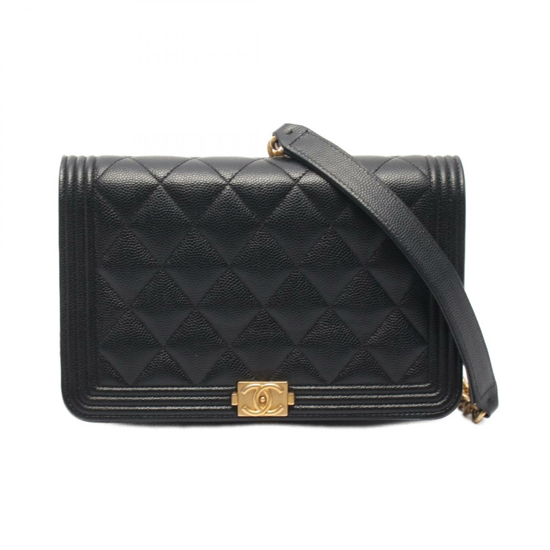 香奈兒 Boy Chanel 絎縫鏈條肩背斜背包 黑色皮革 金色五金 二手-0