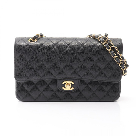 香奈兒 (CHANEL) Matelasse W 翻蓋鏈條肩背包，小牛皮材質，黑色，二手，金色五金