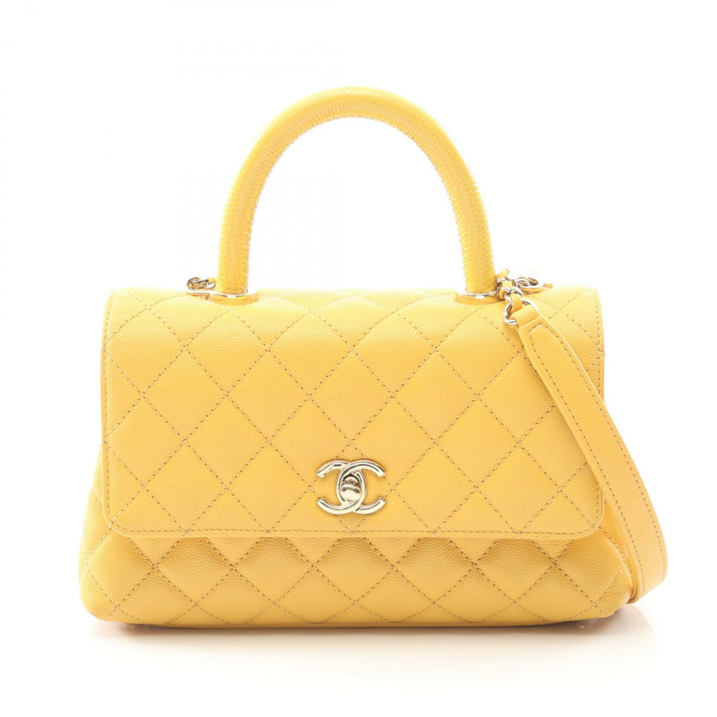 香奈兒 Coco Handle Flap Matelasse 單肩手提包 A92990 小牛皮 黃色 GHW-0