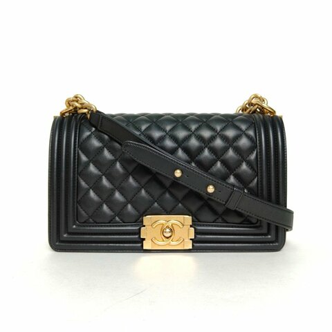 CHANEL Leboy中號25黑色羊皮30開金扣菱格紋肩背包