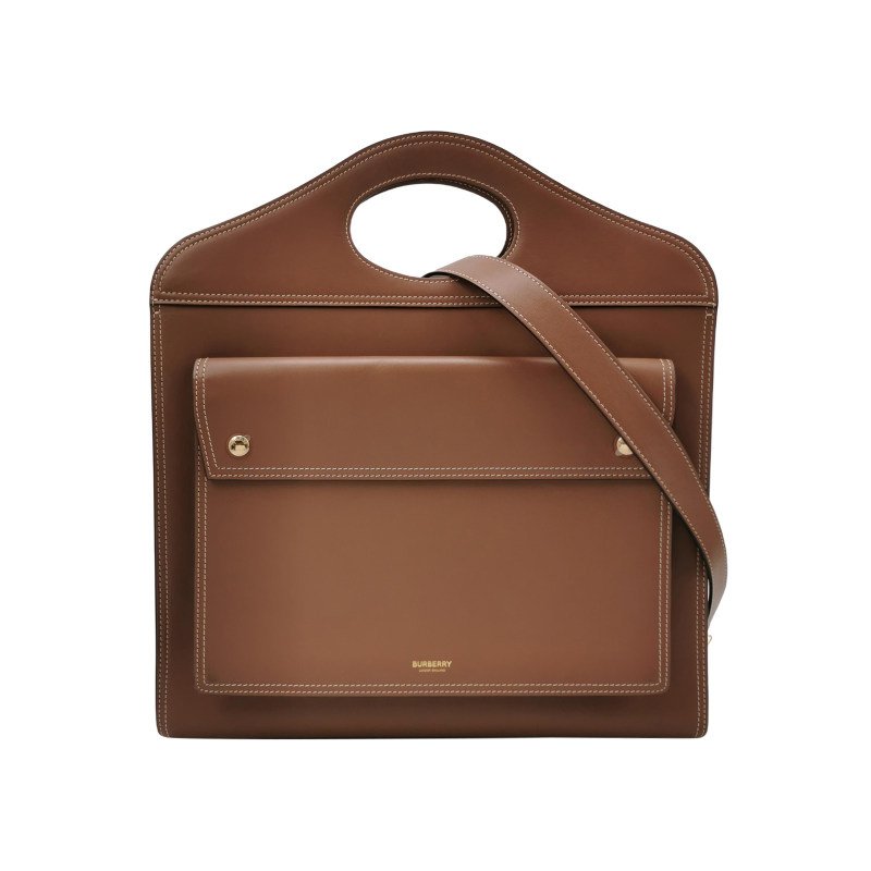 Burberry Pocket中號牛皮明線裝飾字母logo鏤空式手柄單肩包-0