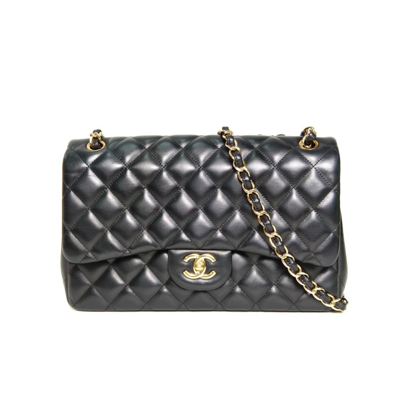 CHANEL CF口蓋包JUMBO30黑色羊皮15開金扣肩背包-0