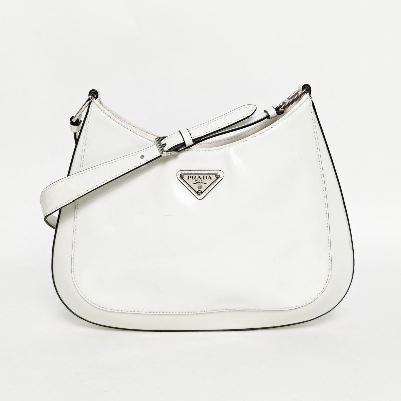 PRADA Cleo單肩包亮面皮革米白色牛皮銀扣肩背包-0