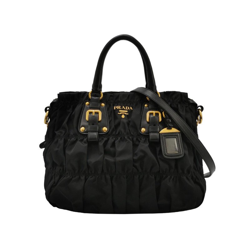 Prada Gaufre羊皮尼龍布字母Logo褶皺褶皺斜挎包單肩包-0