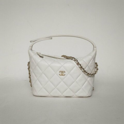 CHANEL 嬉皮HOBO飯盒包25C/16白色荔枝牛皮鐳射標淺金扣菱格紋皮手柄肩背包
