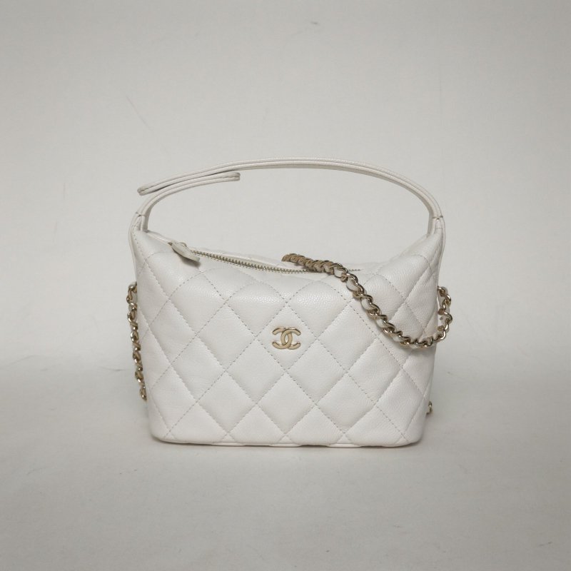 CHANEL 嬉皮HOBO飯盒包25C/16白色荔枝牛皮鐳射標淺金扣菱格紋皮手柄肩背包-0
