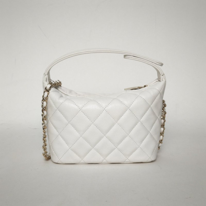 CHANEL 嬉皮HOBO飯盒包25C/16白色荔枝牛皮鐳射標淺金扣菱格紋皮手柄肩背包-2