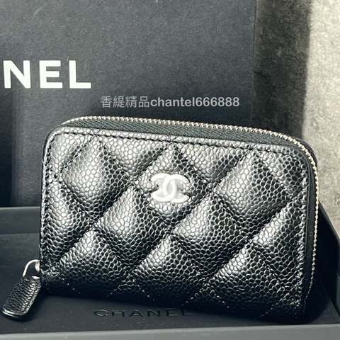 💗香緹國際精品💗 703 Chanel 荔枝黑銀拉鏈錢包 閒置未使用