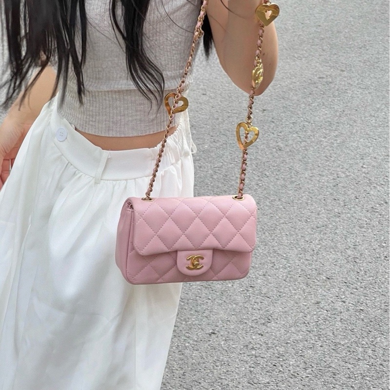 【配件：防塵袋 💕 】Chanel 22B cf mini 粉色 櫻花粉 愛心吊墜 羊皮 手提 單肩 斜挎-1