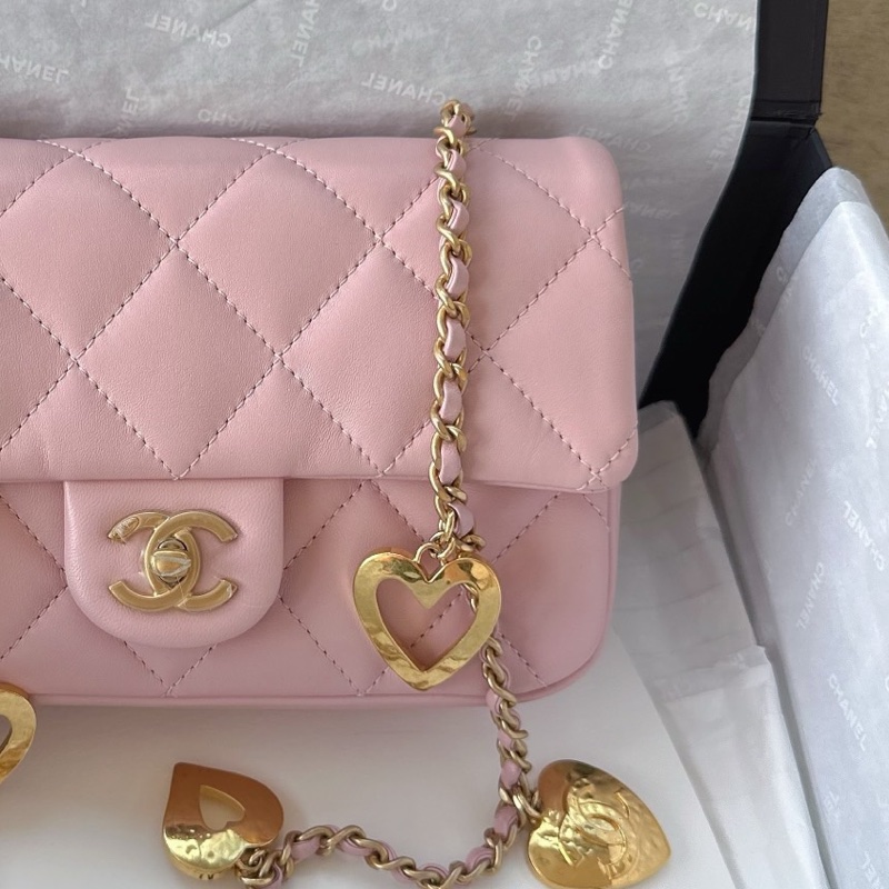 【配件：防塵袋 💕 】Chanel 22B cf mini 粉色 櫻花粉 愛心吊墜 羊皮 手提 單肩 斜挎-3