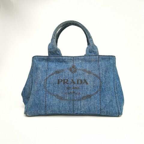 PRADA 沙灘包復古印花中號34牛仔藍牛仔布肩背包