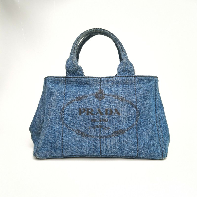 PRADA 沙灘包復古印花中號34牛仔藍牛仔布肩背包-0