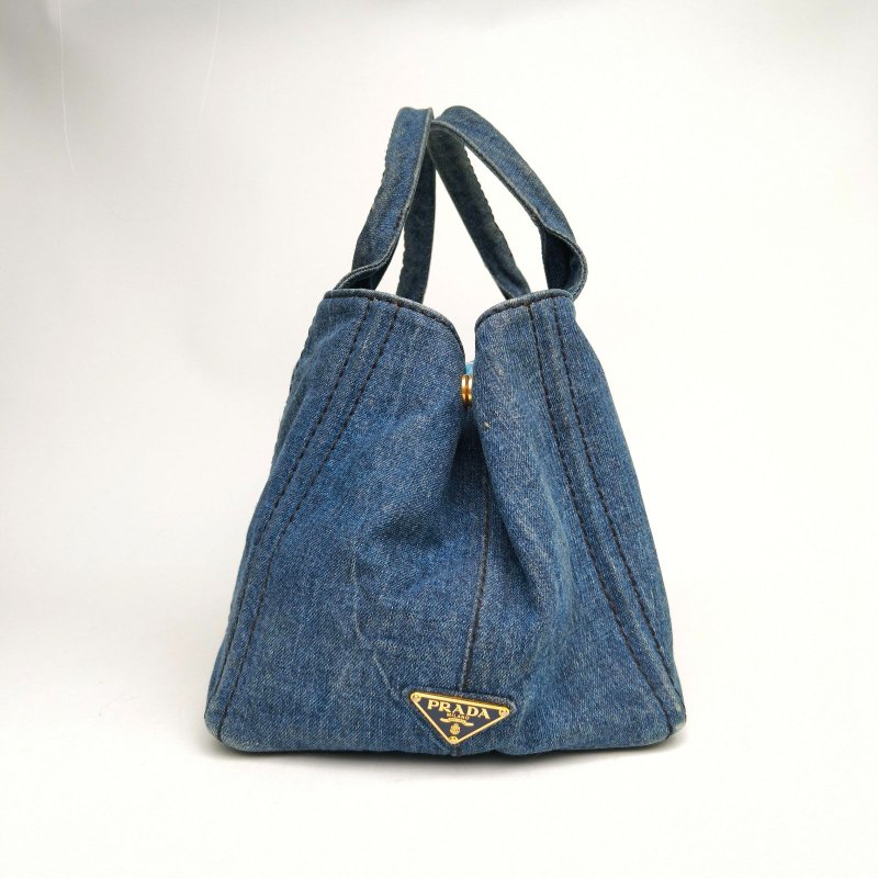 PRADA 沙灘包復古印花中號34牛仔藍牛仔布肩背包-1