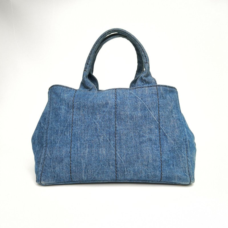 PRADA 沙灘包復古印花中號34牛仔藍牛仔布肩背包-2