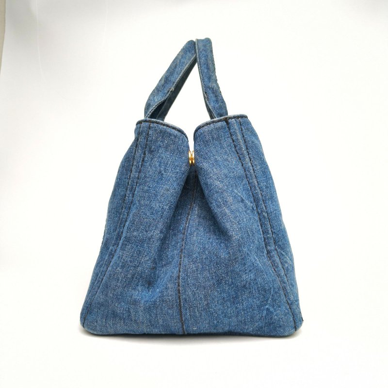 PRADA 沙灘包復古印花中號34牛仔藍牛仔布肩背包-3