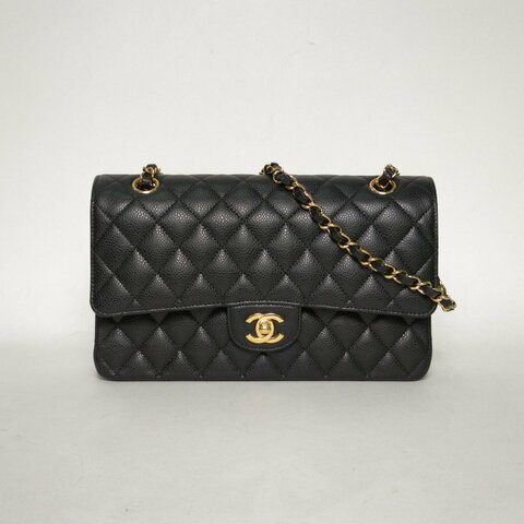 CHANEL CF口蓋包中號25.5黑色荔枝牛皮晶片開金扣肩背包