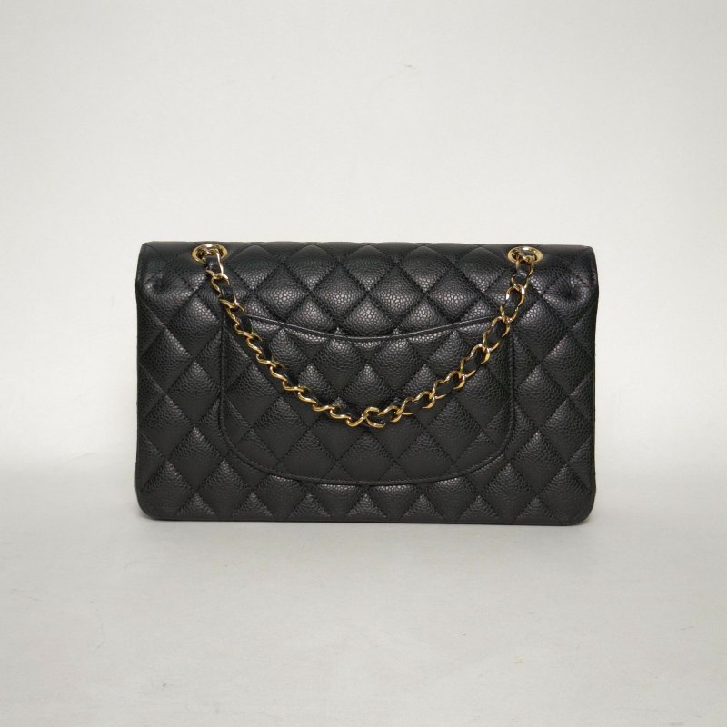 CHANEL CF口蓋包中號25.5黑色荔枝牛皮晶片開金扣肩背包-2