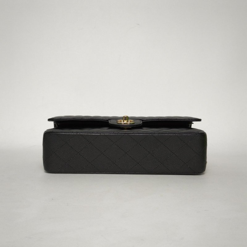 CHANEL CF口蓋包中號25.5黑色荔枝牛皮晶片開金扣肩背包-4