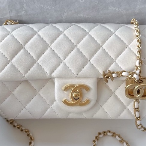 【配件：防塵袋 💕】Chanel 25B cf 大mini 白金 白色 金扣 雙c調節扣 羊皮 手提 單肩 斜挎-1