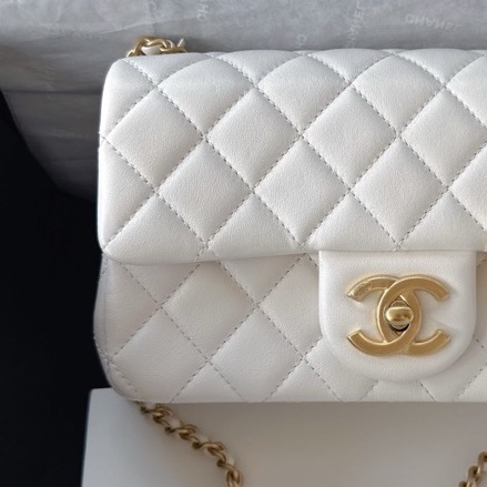 【配件：防塵袋 💕】Chanel 25B cf 大mini 白金 白色 金扣 雙c調節扣 羊皮 手提 單肩 斜挎-3