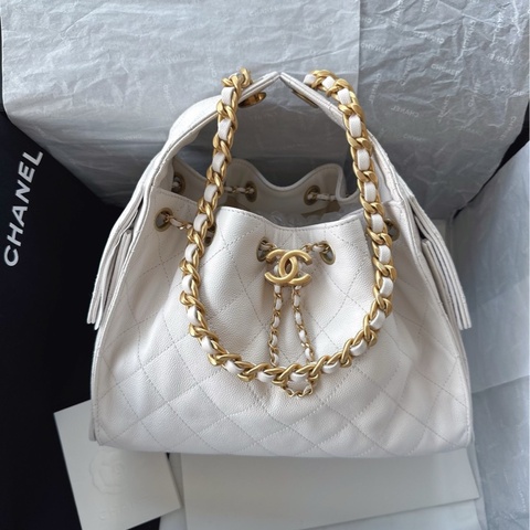 【配件：帶票大全套 💕 】Chanel 25S 25bag 腋下 hobo 小號 白金 白色 金扣單肩包