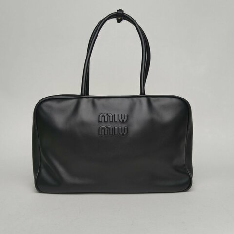 MIU MIU 保齡球公事包logo刻印徽標長手柄黑色牛皮革肩背包