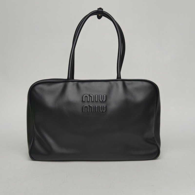 MIU MIU 保齡球公事包logo刻印徽標長手柄黑色牛皮革肩背包-0