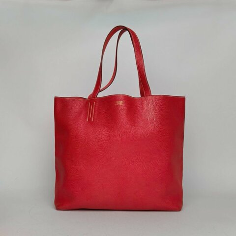 HERMES DoubleSens雙面托特購物袋3553鮮紅色拼9T火焰紅TC皮框Q無肩背包