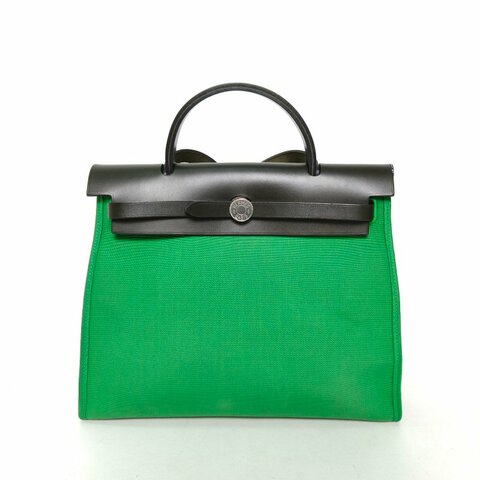 HERMES Herbag311K竹子綠帆布/Hunter牛皮A刻銀扣肩背包