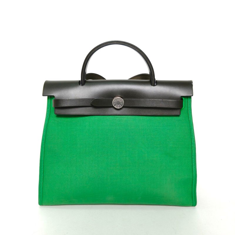 HERMES Herbag311K竹子綠帆布/Hunter牛皮A刻銀扣肩背包-0